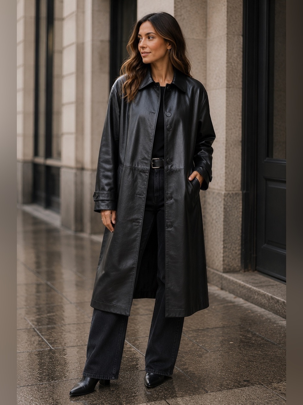 TanJay Black Vintage Leather Coat Size M 5 Oversized Retro Trench Minimalist